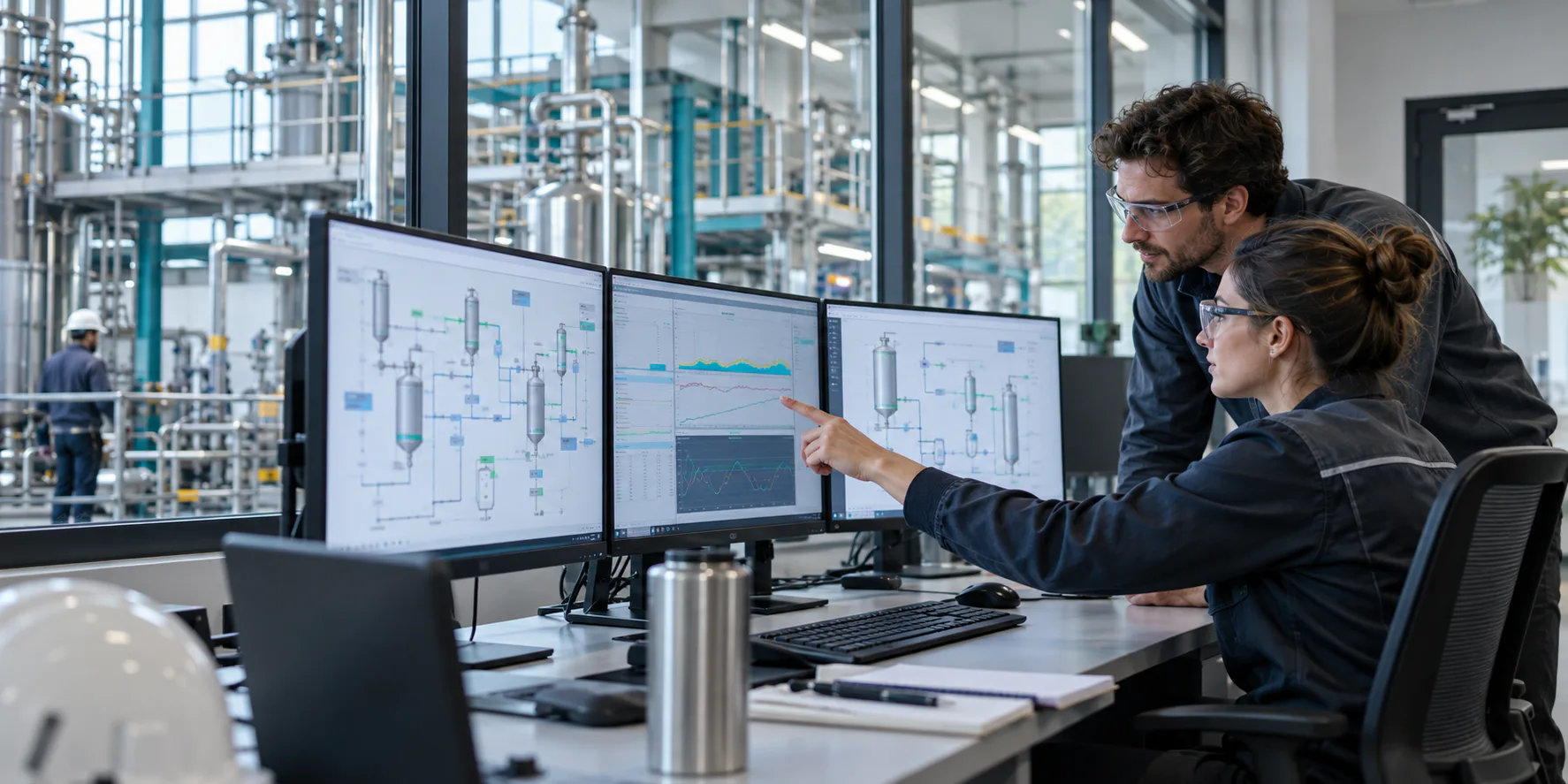 Engineering team analysing process behaviour beside a pilot plant
