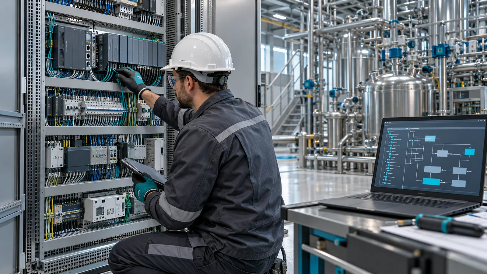 Automation engineer working on a PLC cabinet beside process equipment