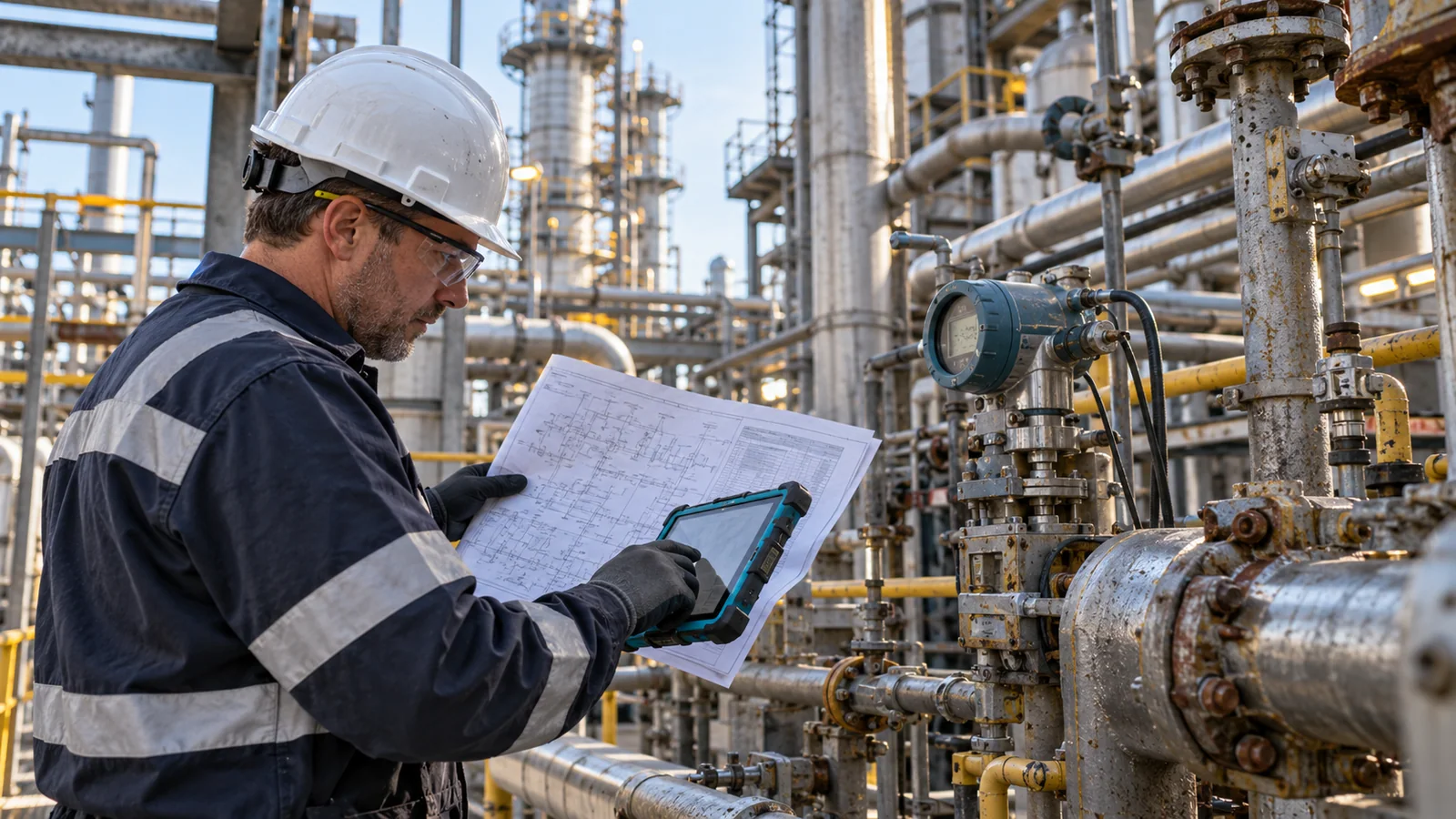 Field engineer comparing existing plant instrumentation with legacy documentation