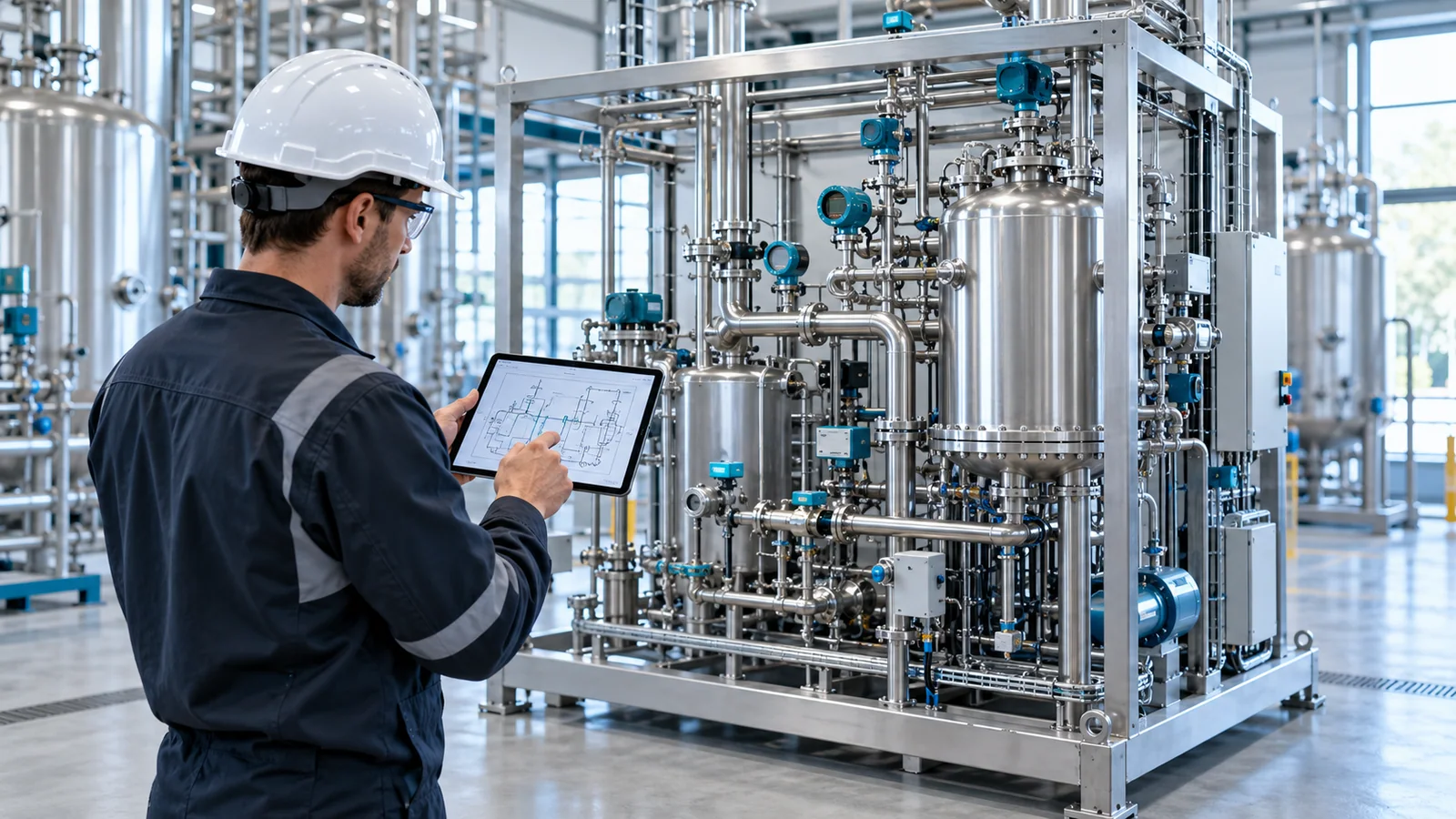 Process engineer reviewing a P&ID beside a modular process skid