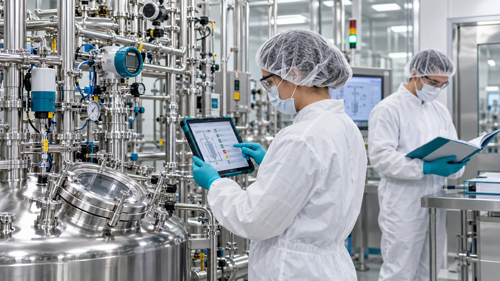 Qualification engineers checking pharmaceutical equipment against structured evidence