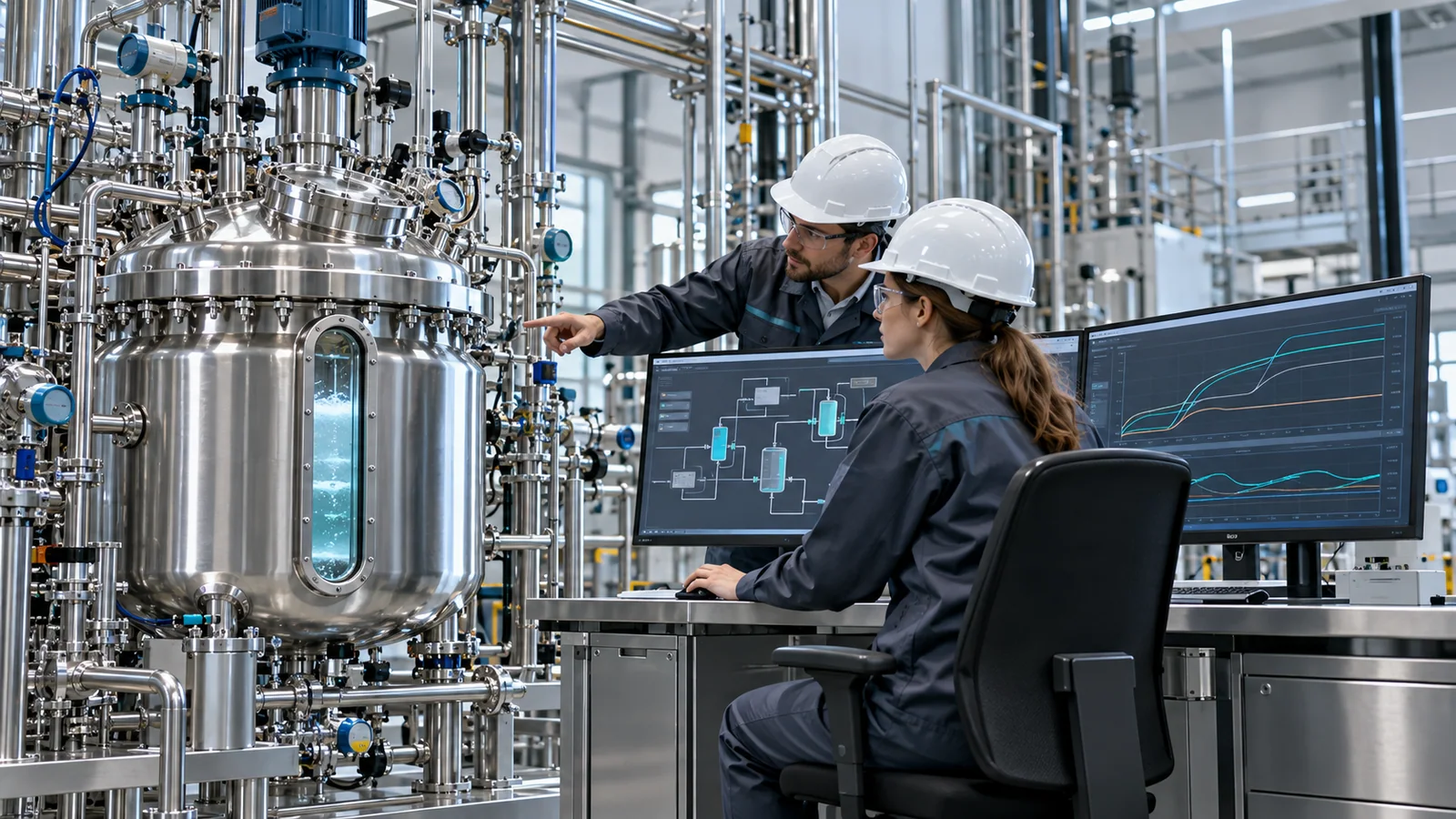 Engineers validating batch process behaviour with simulation trends